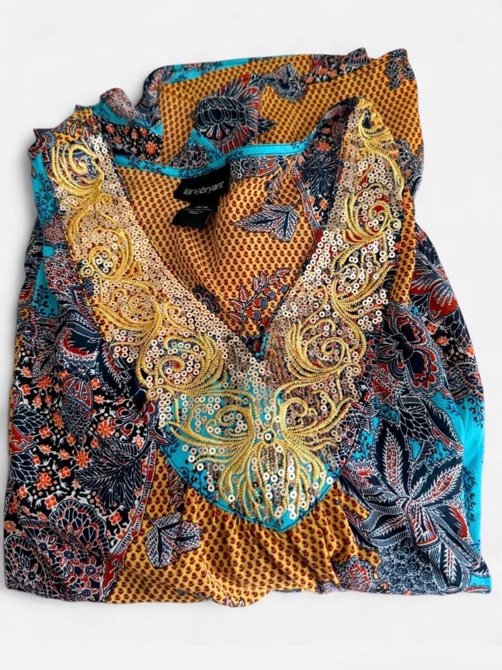 Lane Bryant Blouse Shirt 14 16 XL X Large Colorful Boho Embellished Printed Top